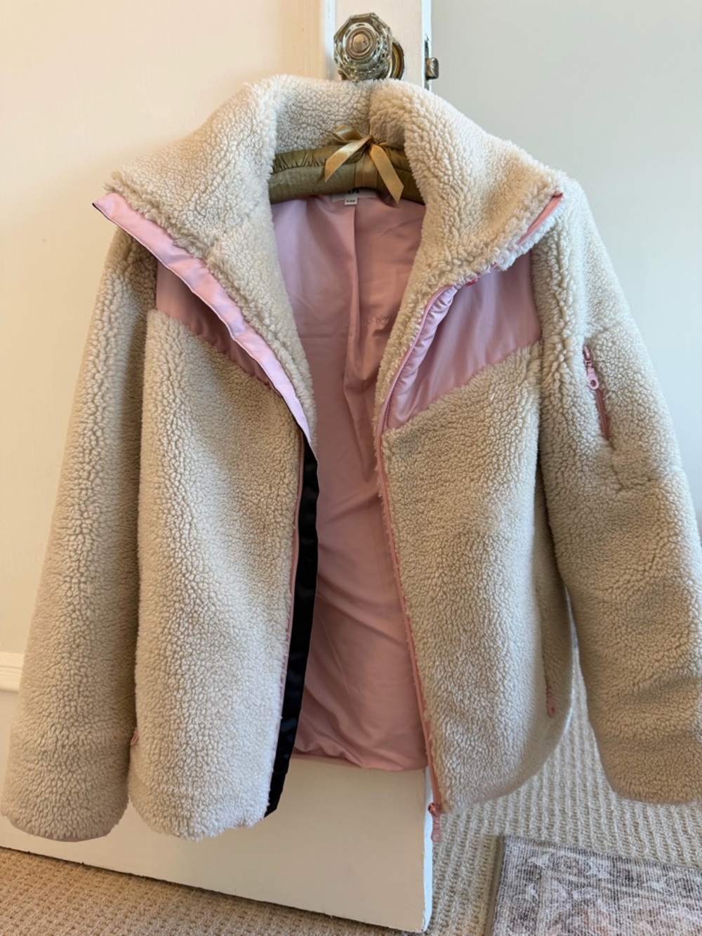 Revolve LPA Cream Sherpa Puffer Jacket with Pink Lining